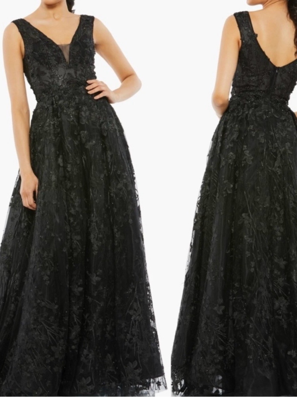 Mac Duggal Black Beaded Lace V-Neck Evening Gown